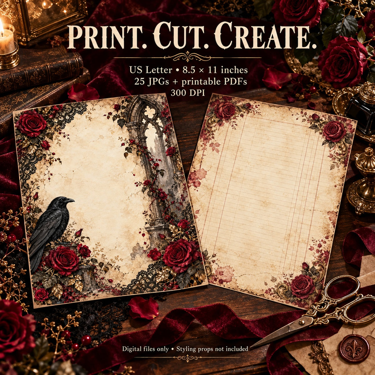 Gothic Rose Nocturne Junk Journal Kit - 20 Papers + 5 Ephemera Sheets
