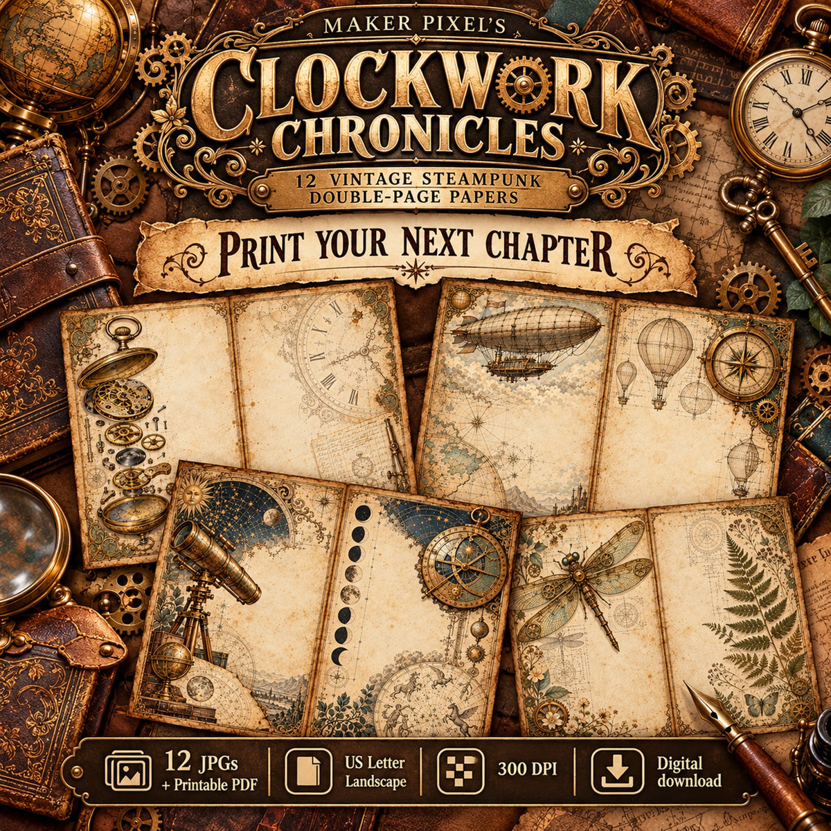 Clockwork Chronicles Steampunk Junk Journal Papers - 12 Double-Page Spreads