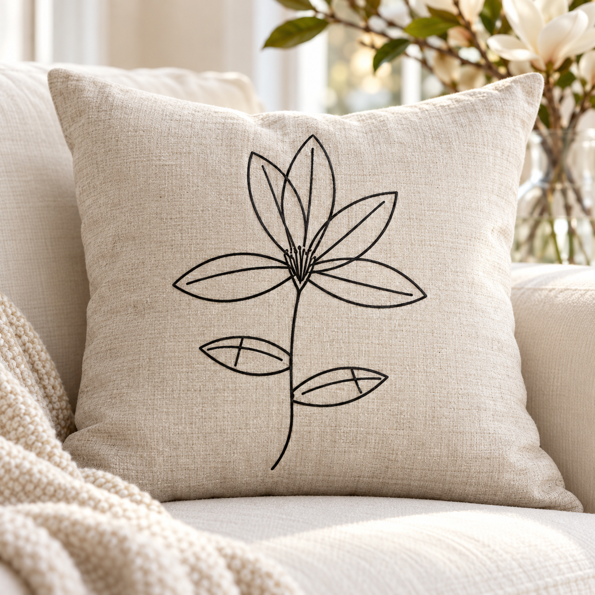 Magnolia botanical line drawing sublimated on a linen cushion