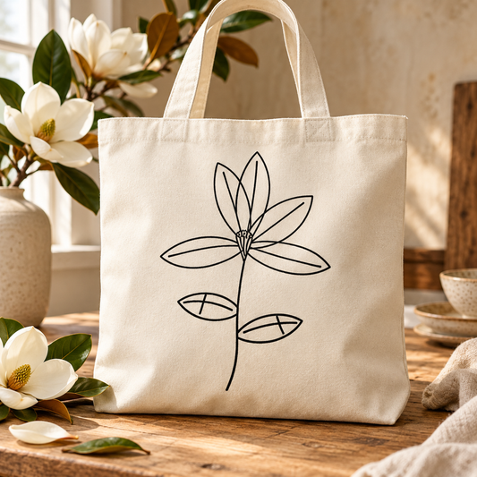Magnolia botanical line drawing sublimated on a cream canvas tote