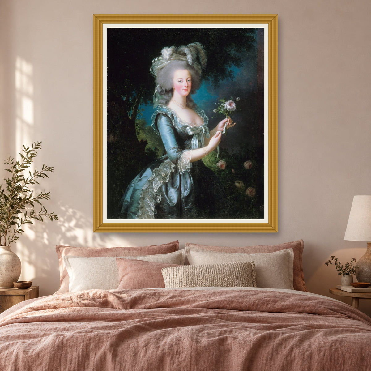 Marie Antoinette with a Rose by Élisabeth Vigée Le Brun — ornate gold frame, bedroom mockup
