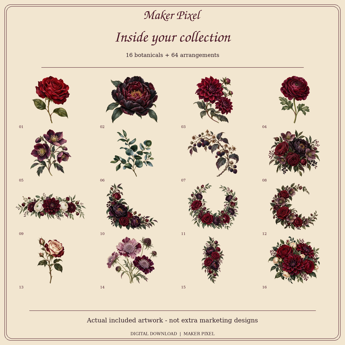 Midnight Conservatory - 80 Dark Floral PNGs, Botanicals and Coordinated Arrangements — Contents