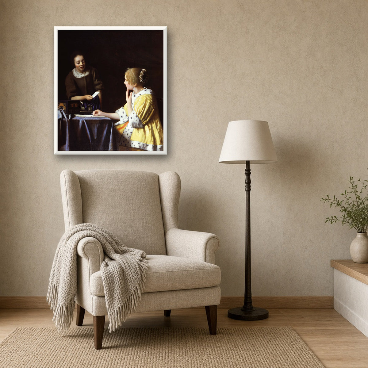 Mistress and Maid by Johannes Vermeer — room mockup
