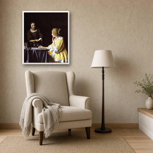 Mistress and Maid by Johannes Vermeer — room mockup