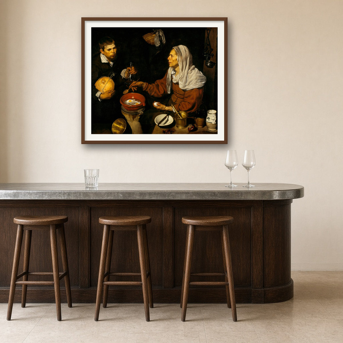 Old Woman Frying Eggs by Diego Velázquez — room mockup