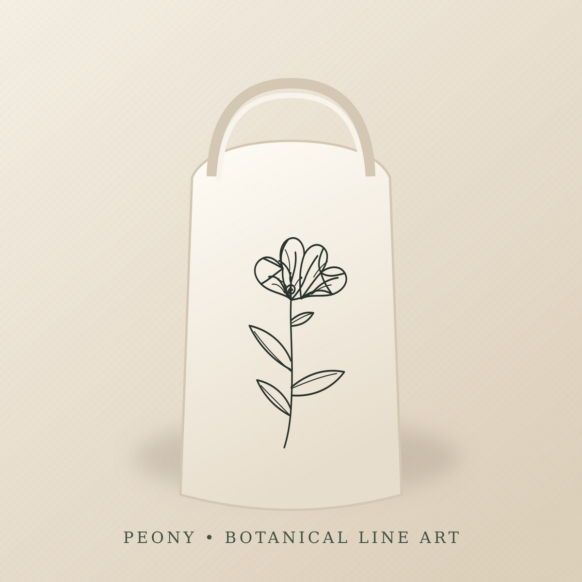 Peony black line drawing SVG shown on a natural canvas tote
