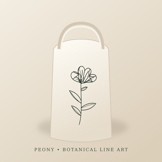 Peony black line drawing SVG shown on a natural canvas tote