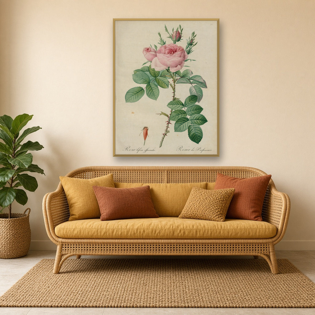 Perfumers' Rose (Rosa Bifera Officinalis), Plate 40 from Les Roses by Pierre-Joseph Redouté — room mockup