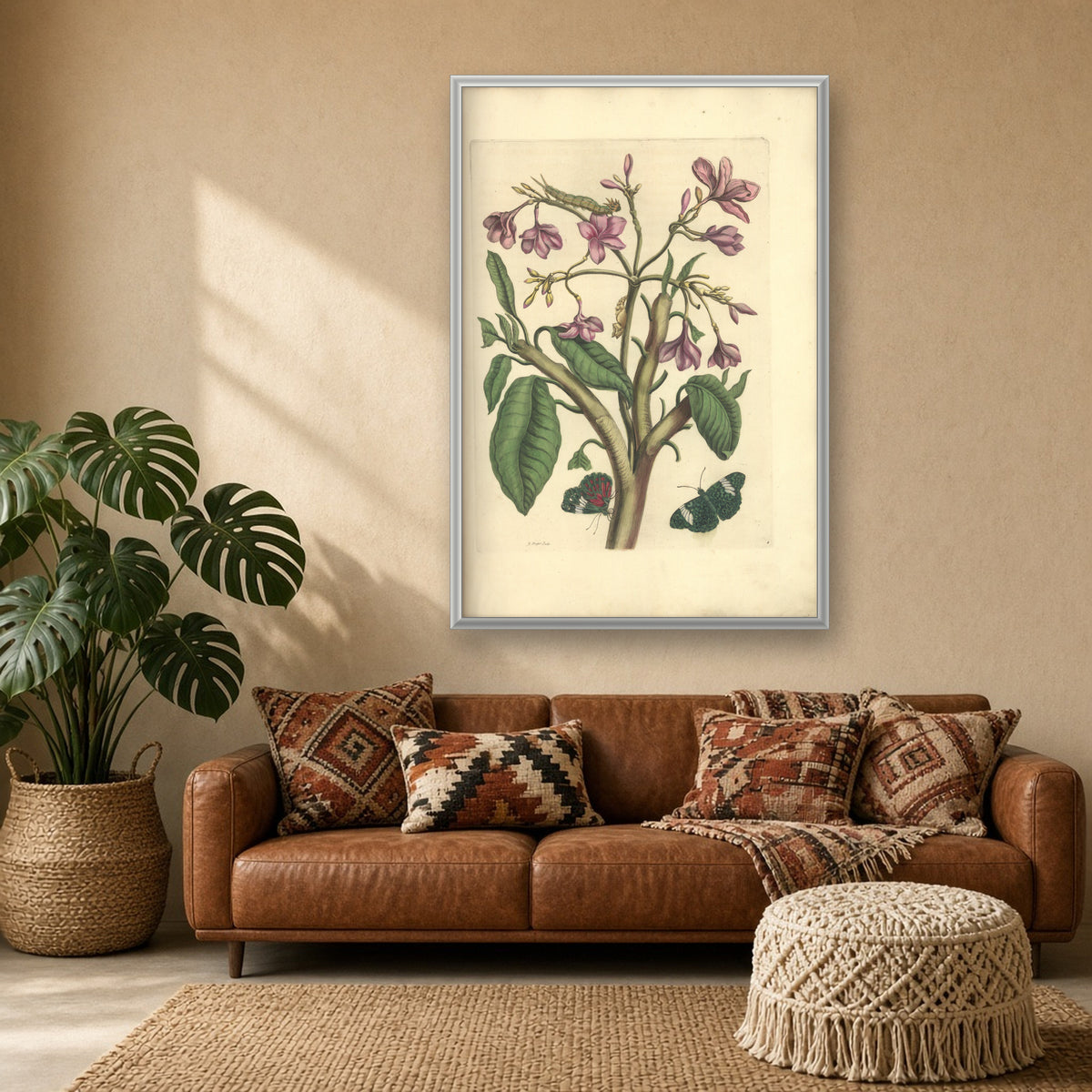 Pink Blossoms with Butterflies, Plate 8 from Metamorphosis of the Insects of Surinam by Maria Sibylla Merian — room mockup