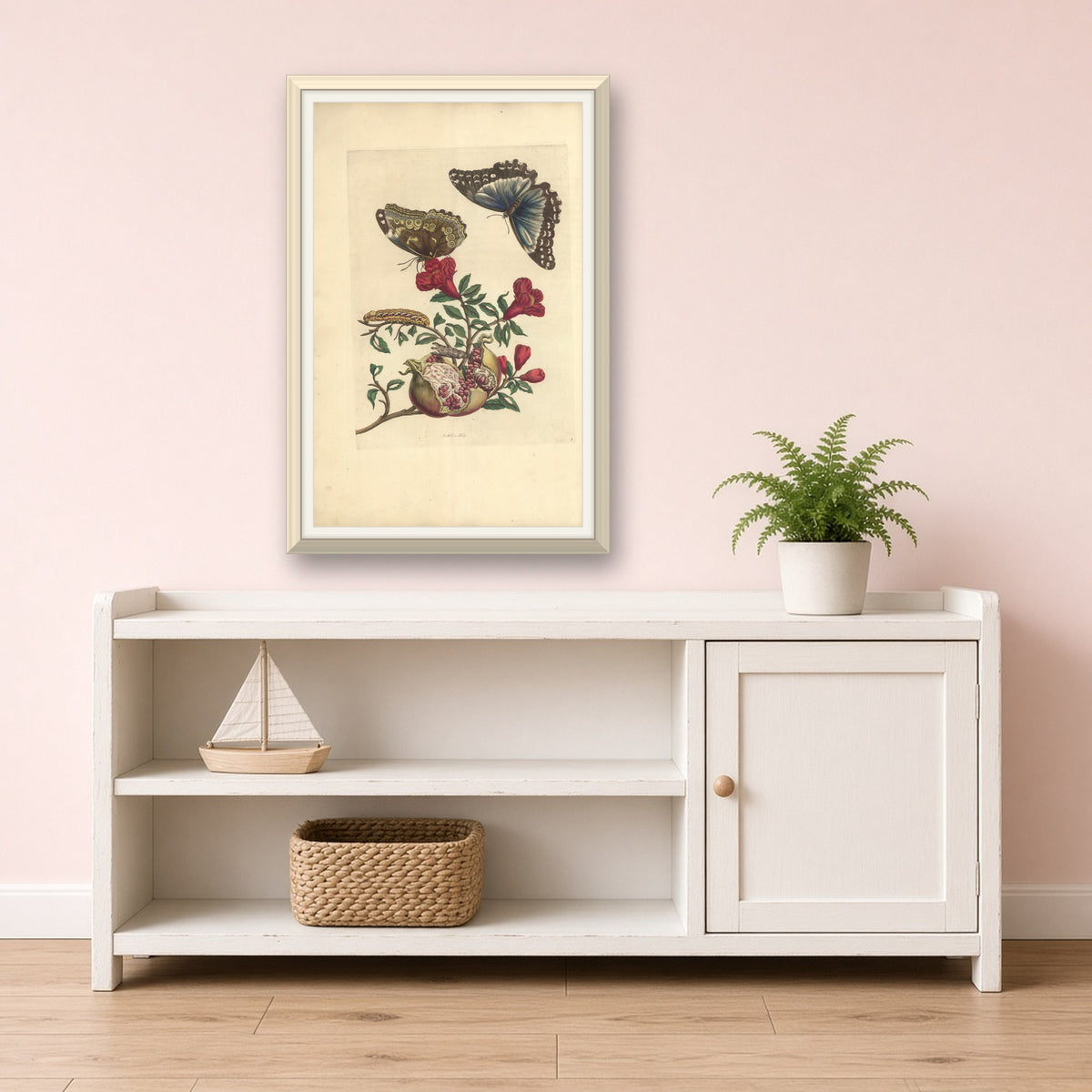 Pomegranate with Blue Morpho Butterflies, Plate 9 from Metamorphosis of the Insects of Surinam by Maria Sibylla Merian — room mockup