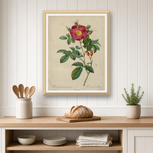 Portland Rose (Rosa Damascena Coccinea), Plate 41 from Les Roses by Pierre-Joseph Redouté — room mockup