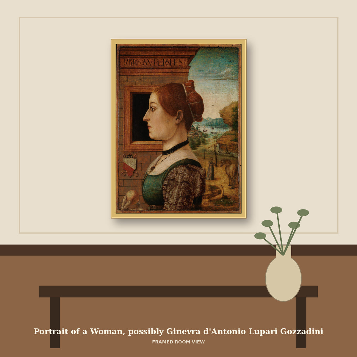 Portrait of a Woman, possibly Ginevra d'Antonio Lupari Gozzadini by Maestro delle Storie del Pane, room mockup