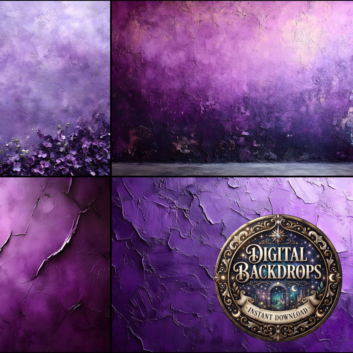 Purple Textured grunge digital photography backdrops, preview of the downloadable set