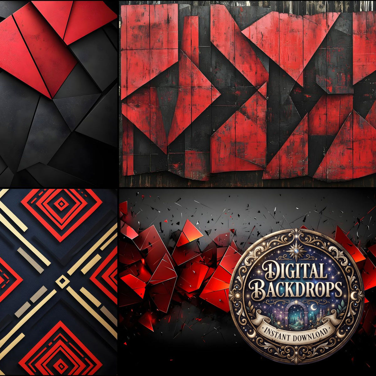 Red Black Geometric abstract digital photography backdrops, preview of the downloadable set