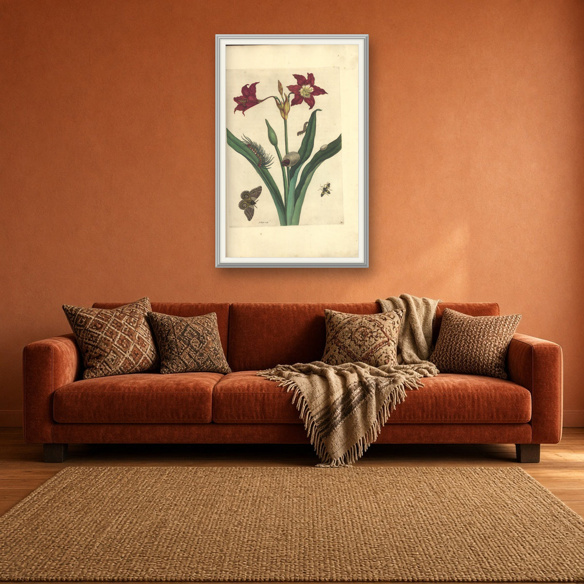 Red Lily with Moth and Caterpillars, Plate 22 from Metamorphosis of the Insects of Surinam by Maria Sibylla Merian — framed art preview