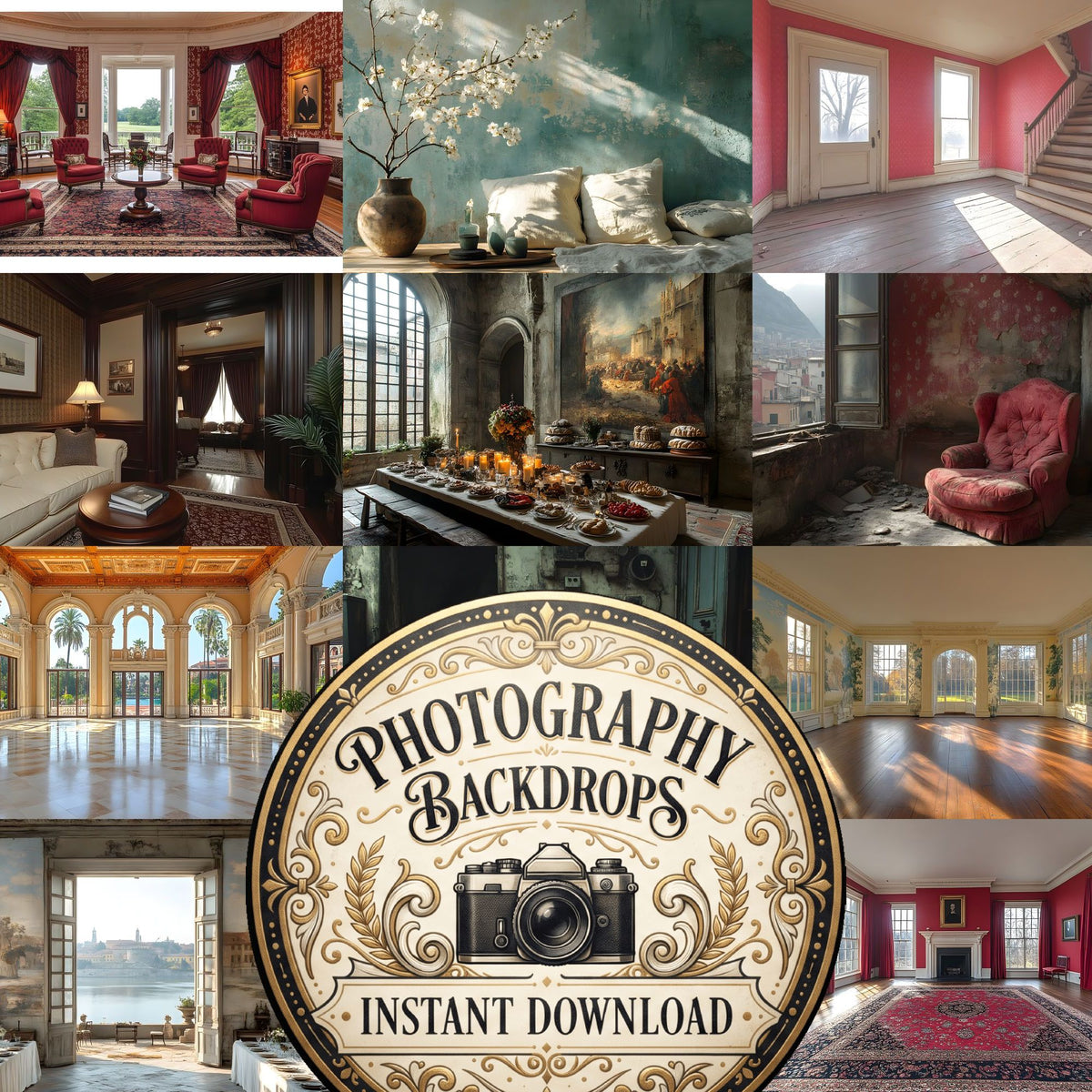Regal Wallpapered Room digital photography backdrops, preview of the downloadable set