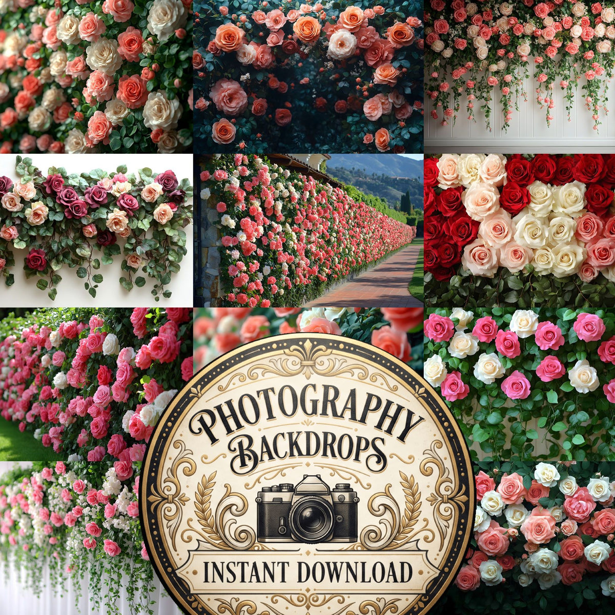 Romantic Rose Garden Valentine's floral digital photography backdrops, preview of the downloadable set