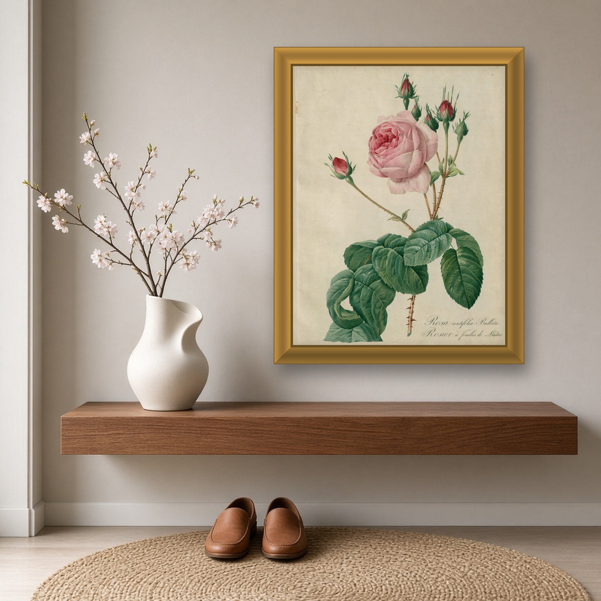 Lettuce-leaved Rose (Rosa Centifolia Bullata), Plate 7 from Les Roses by Pierre-Joseph Redouté — framed art preview