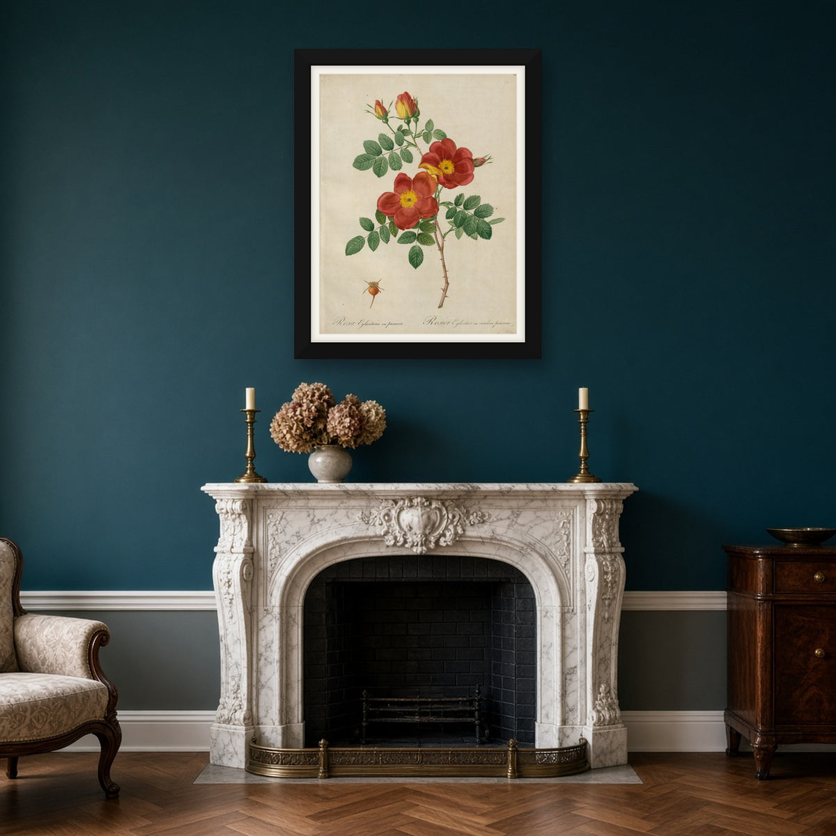 Austrian Copper Rose (Rosa Eglanteria Punicea), Plate 23 from Les Roses by Pierre-Joseph Redouté — framed art preview