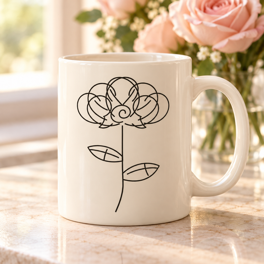 Rose botanical line drawing sublimated on a ceramic mug