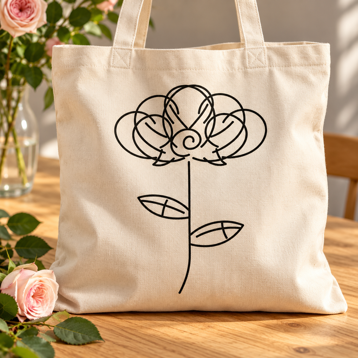 Rose botanical line drawing sublimated on a canvas tote