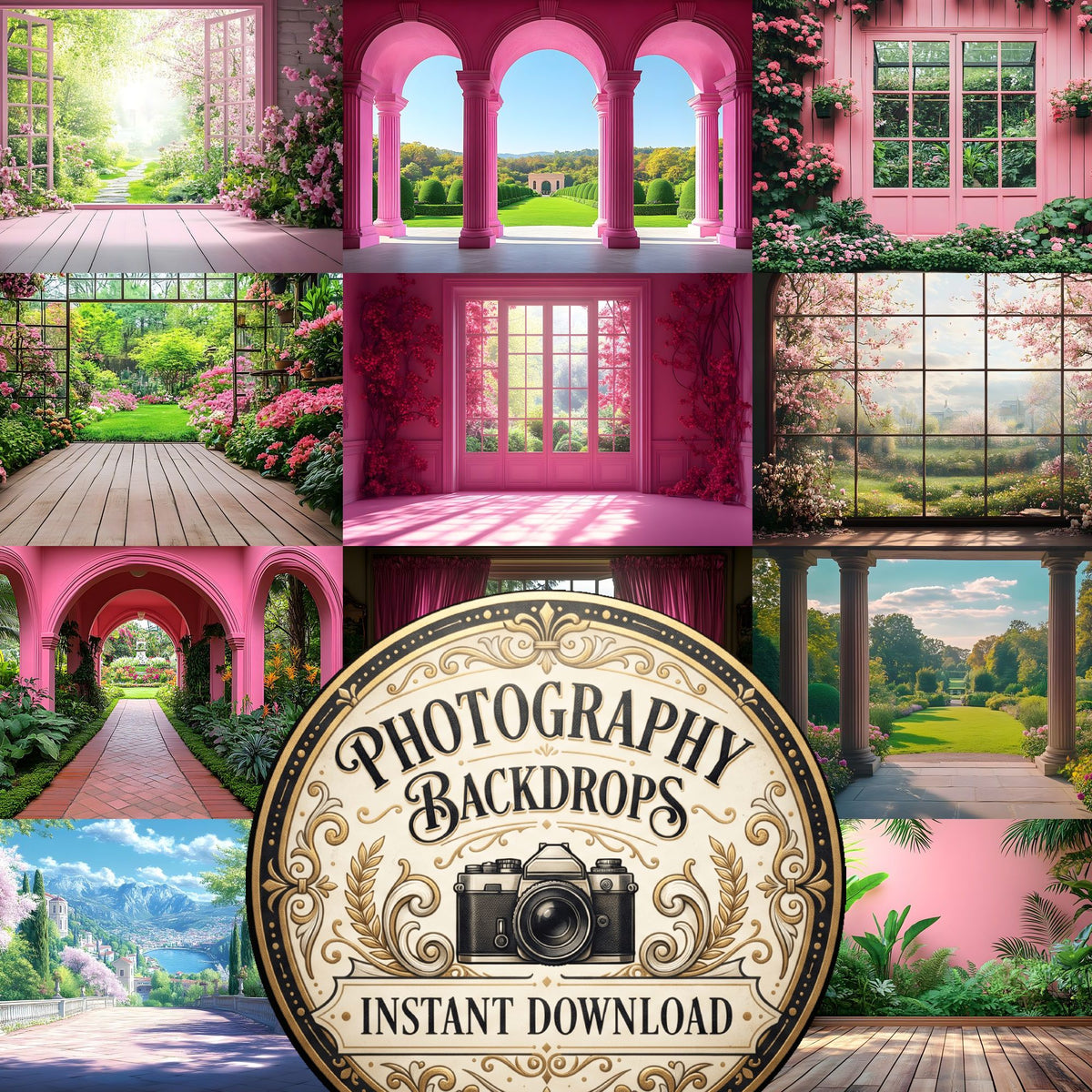 Royal Pink Garden Studio floral digital photography backdrops, preview of the downloadable set