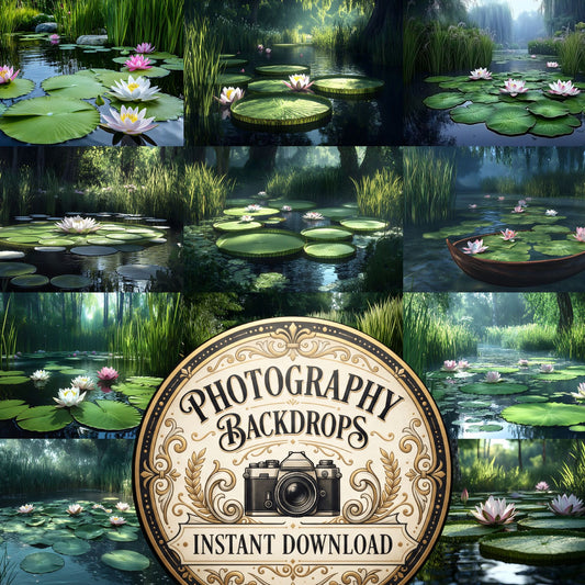 Secluded Lotus Pond Garden floral digital photography backdrops, preview of the downloadable set
