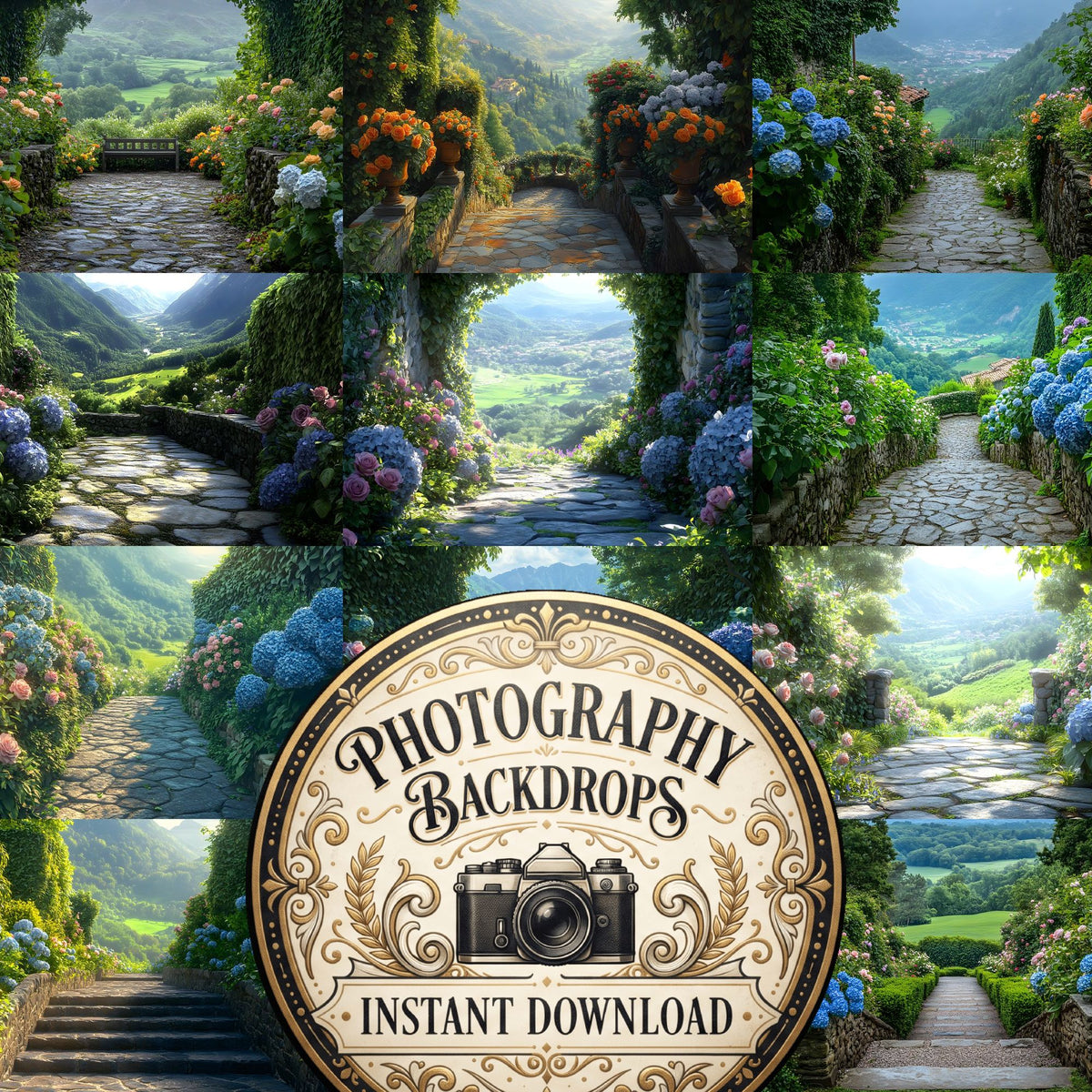 Secret Garden Overlook floral digital photography backdrops, preview of the downloadable set