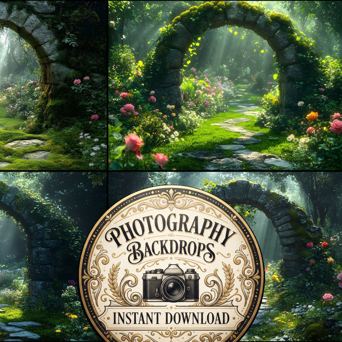 Secret Garden Stone Archway floral digital photography backdrops, preview of the downloadable set