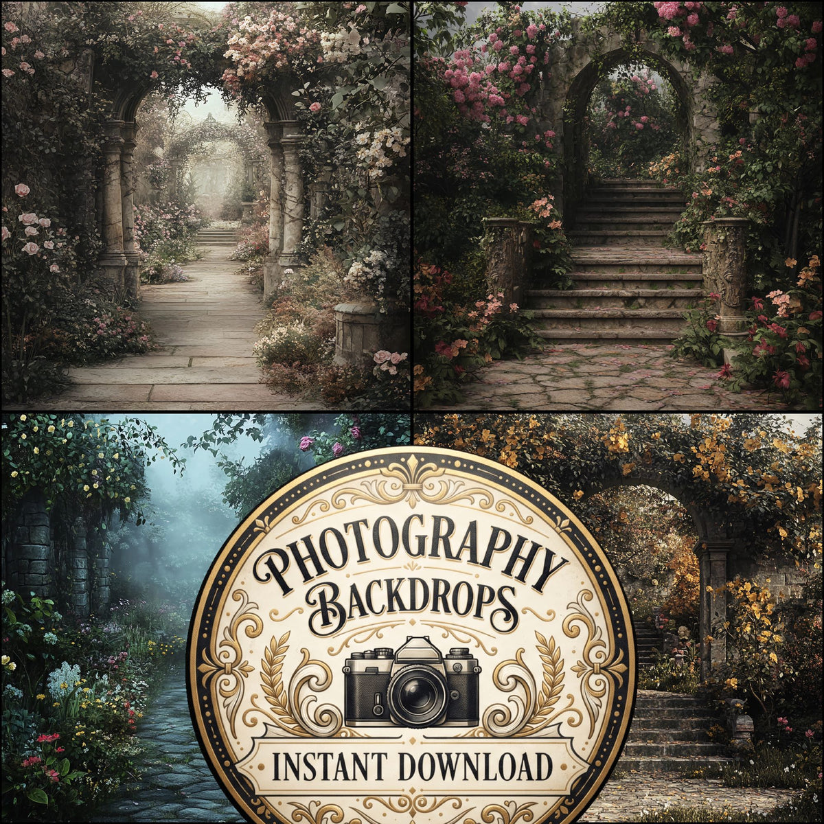 Secret Garden floral digital photography backdrops, preview of the downloadable set