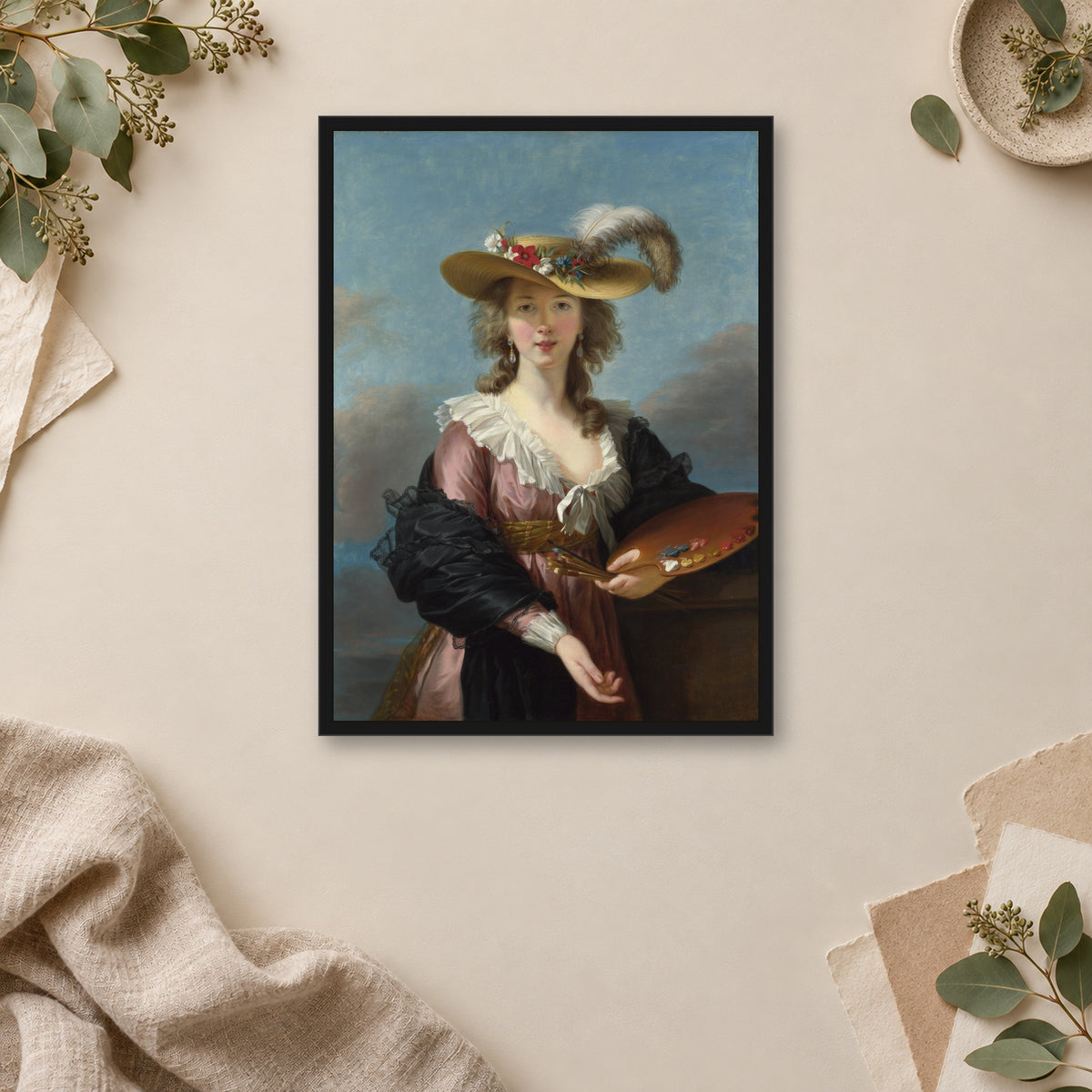 Self-Portrait in a Straw Hat by Élisabeth Vigée Le Brun — framed room mockup