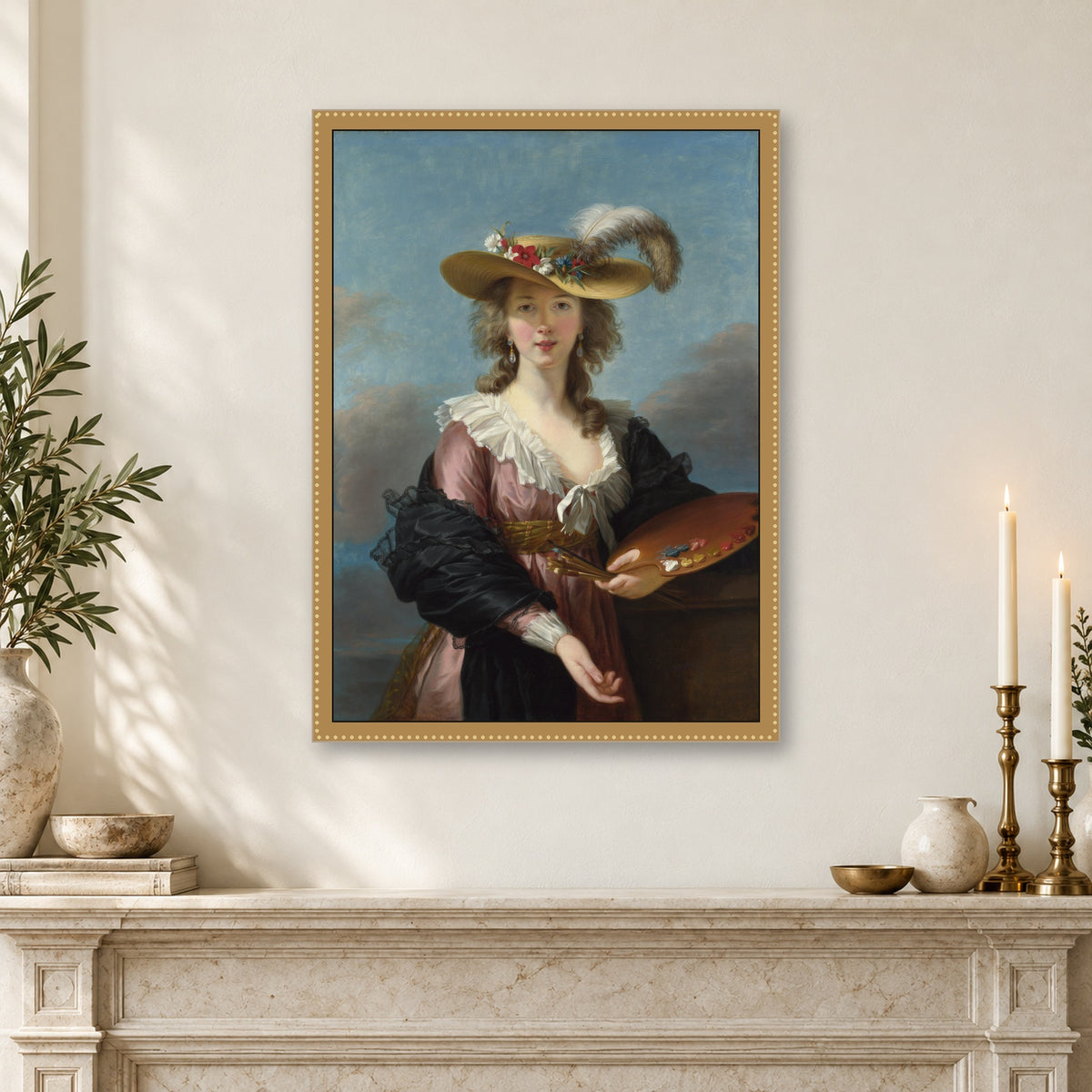 Self-Portrait in a Straw Hat by Élisabeth Vigée Le Brun — framed interior mockup