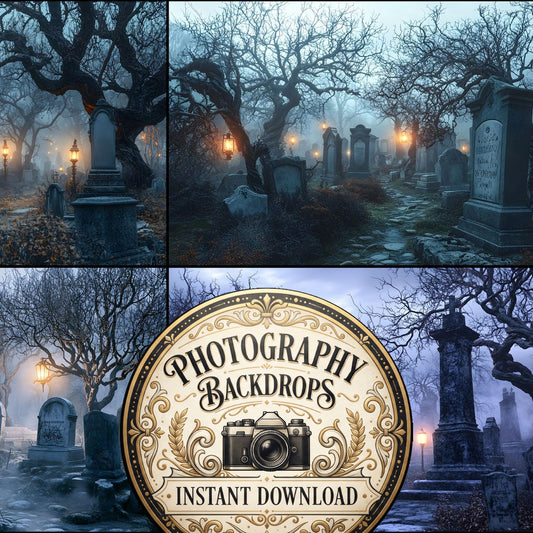 Spooky Twilight Graveyard Halloween digital photography backdrops, preview of the downloadable set