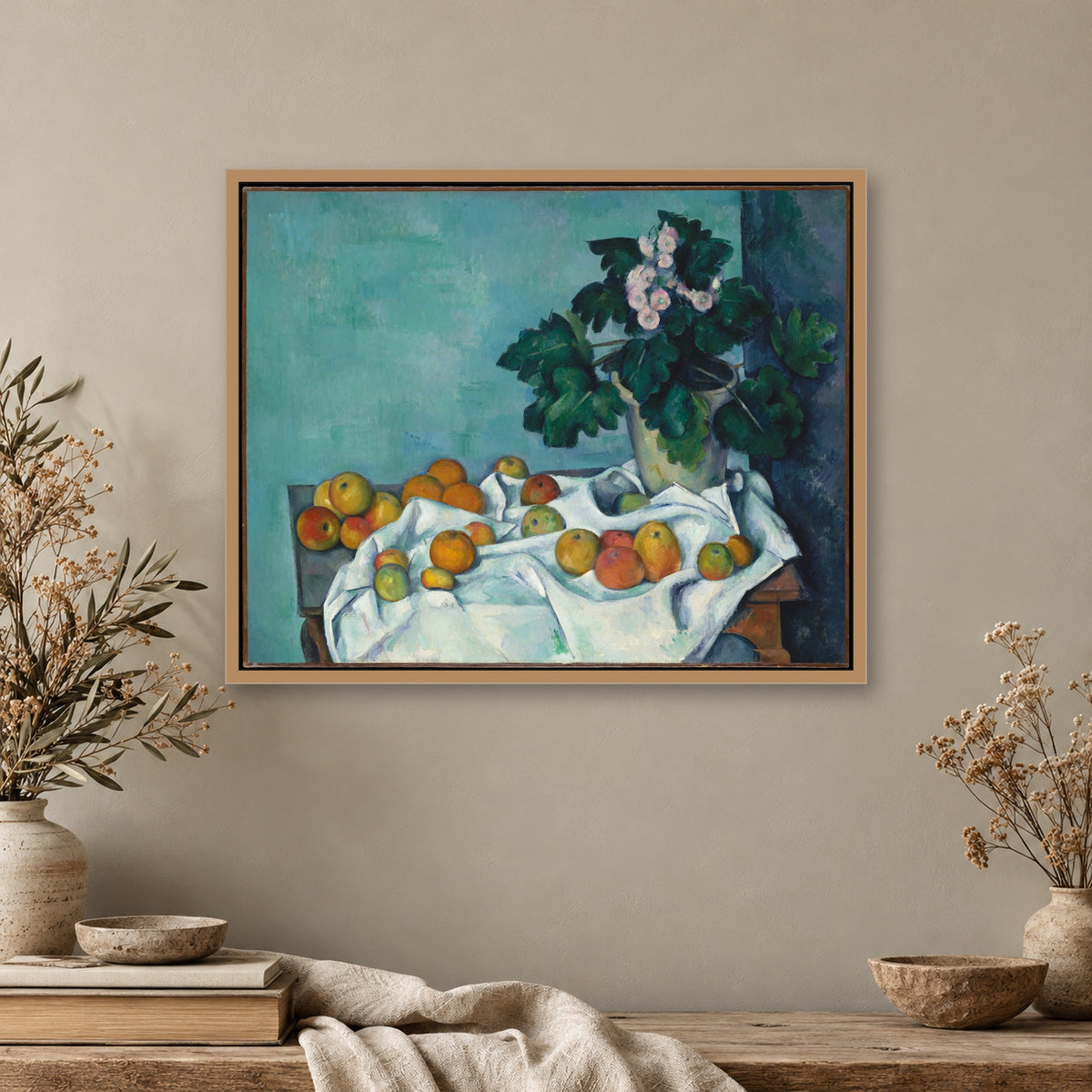 Still Life with Apples and a Pot of Primroses by Paul Cézanne — framed room mockup