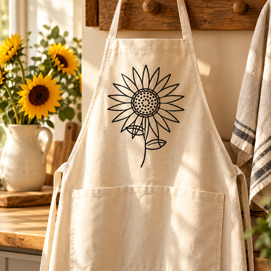 Sunflower botanical line drawing sublimated on a cotton apron