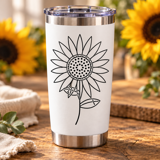 Sunflower botanical line drawing sublimated on a white travel tumbler