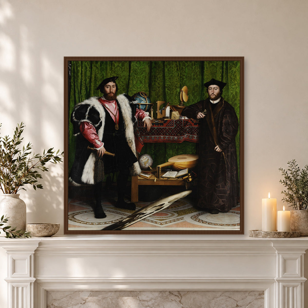 The Ambassadors by Hans Holbein the Younger — walnut frame, mantel lean mockup