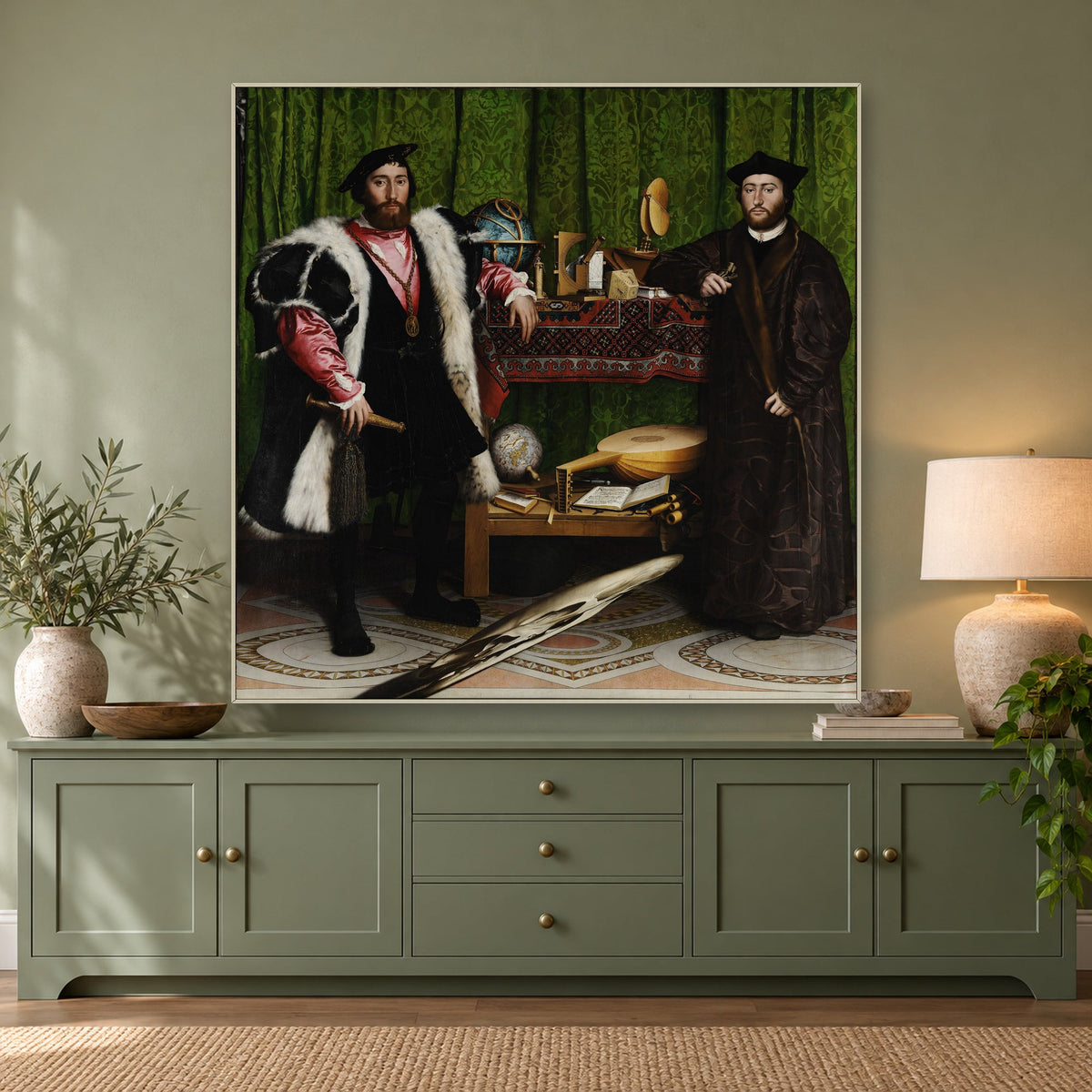 The Ambassadors by Hans Holbein the Younger — canvas wrap frame, sideboard with lamp mockup