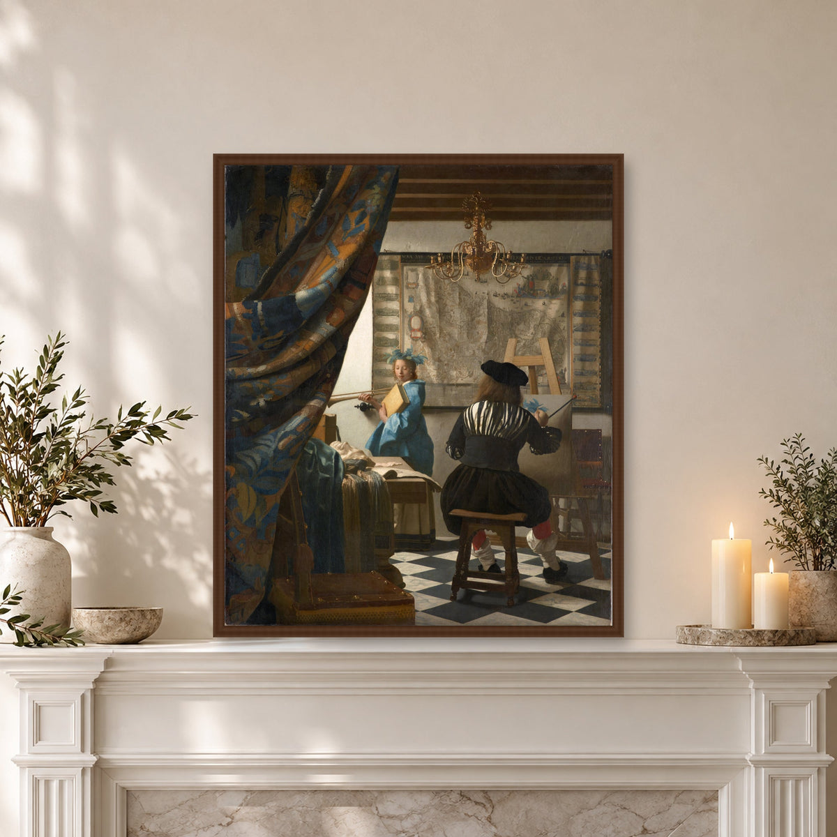 The Art of Painting by Johannes Vermeer — walnut frame, mantel lean mockup