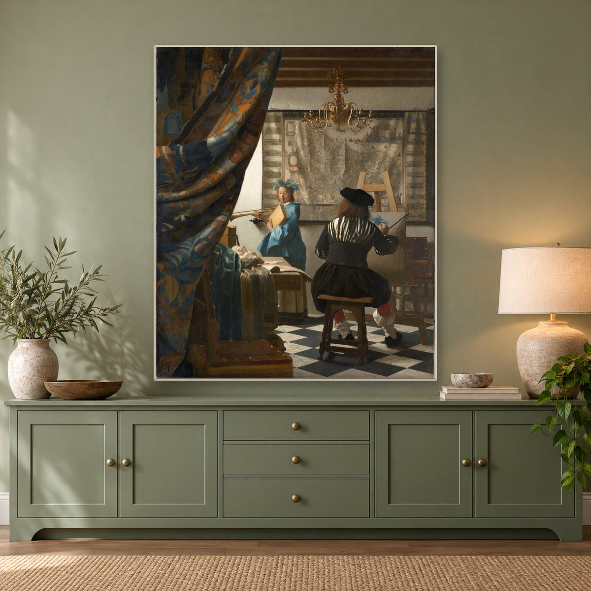 The Art of Painting by Johannes Vermeer — canvas wrap frame, sideboard with lamp mockup