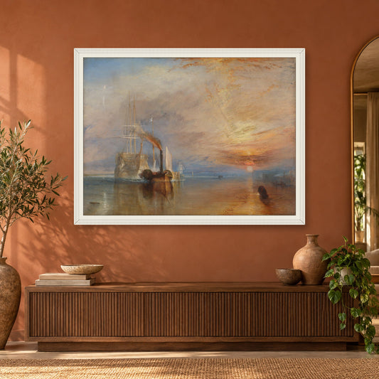 The Fighting Temeraire by J. M. W. Turner — white frame, terracotta room with arched mirror mockup