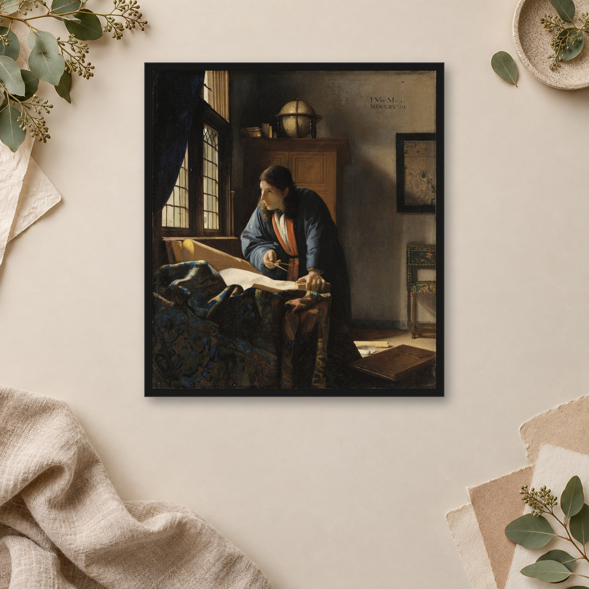 The Geographer by Johannes Vermeer — framed room mockup