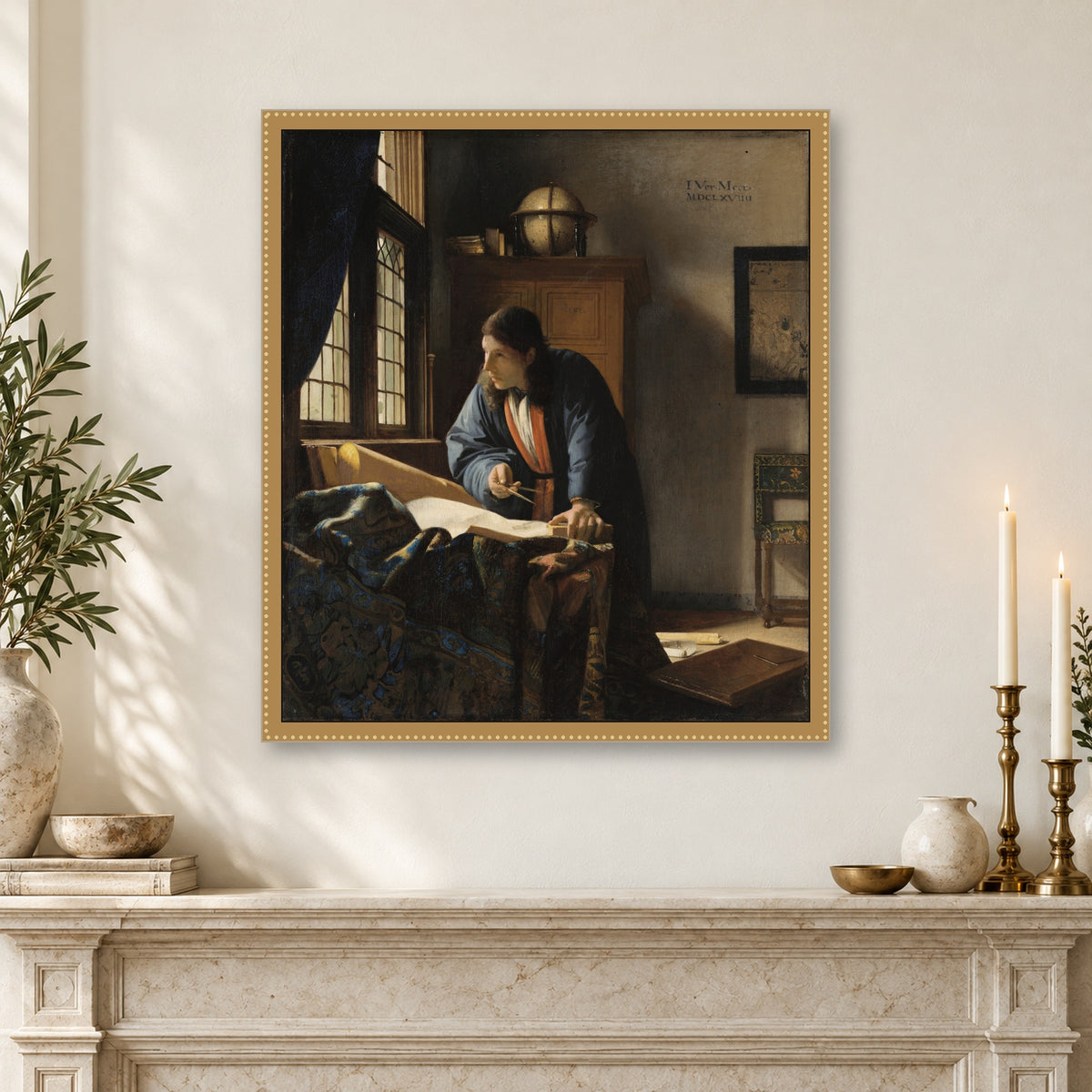 The Geographer by Johannes Vermeer — framed interior mockup