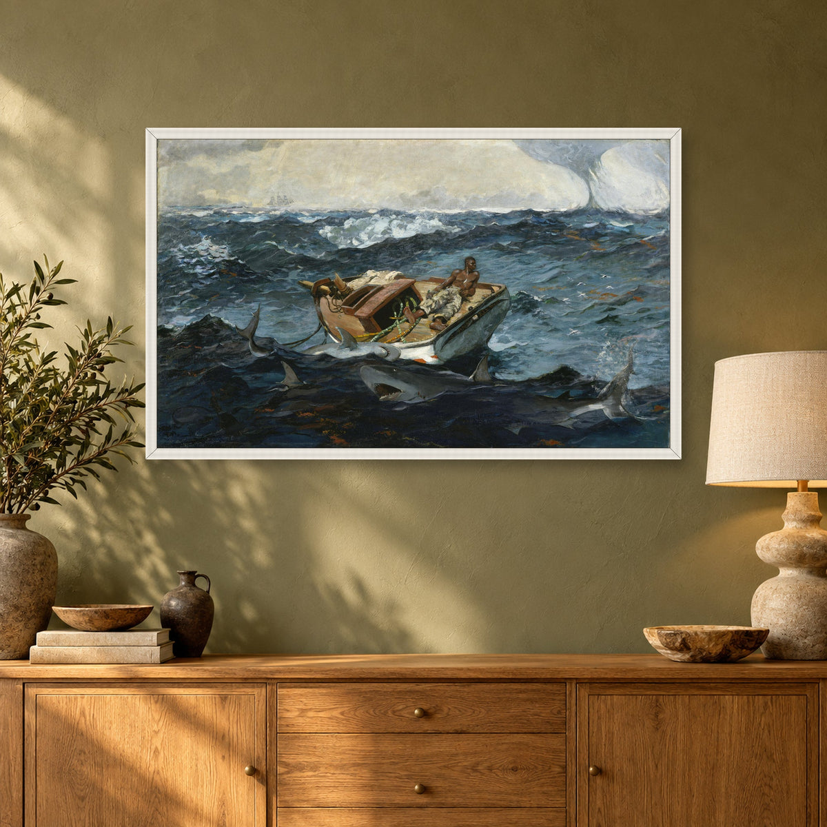 The Gulf Stream by Winslow Homer — white frame, oak sideboard and lamp setting