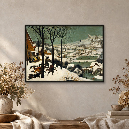 The Hunters in the Snow by Pieter Bruegel the Elder — black frame, close-up with props mockup