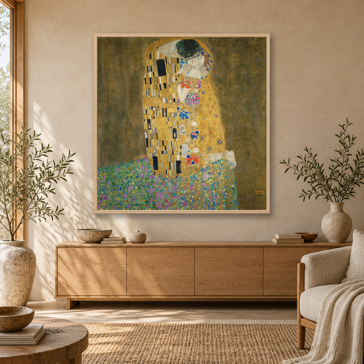 The Kiss by Gustav Klimt — japandi / wood room mockup