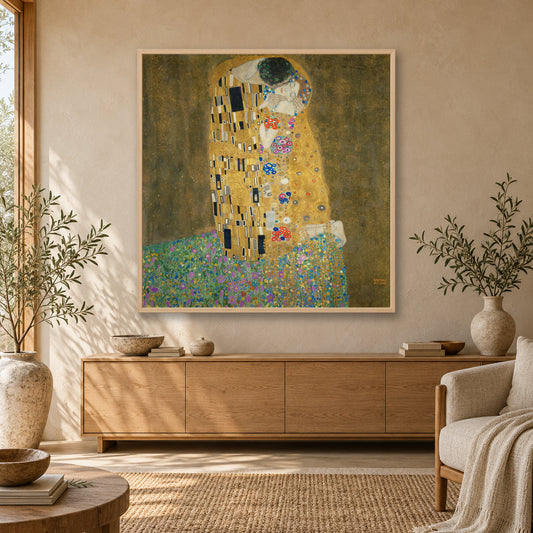 The Kiss by Gustav Klimt — japandi / wood room mockup