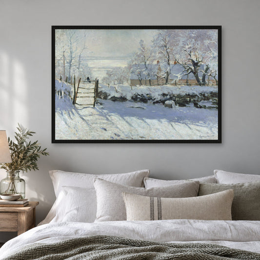 The Magpie by Claude Monet — black frame in a dove-grey bedroom