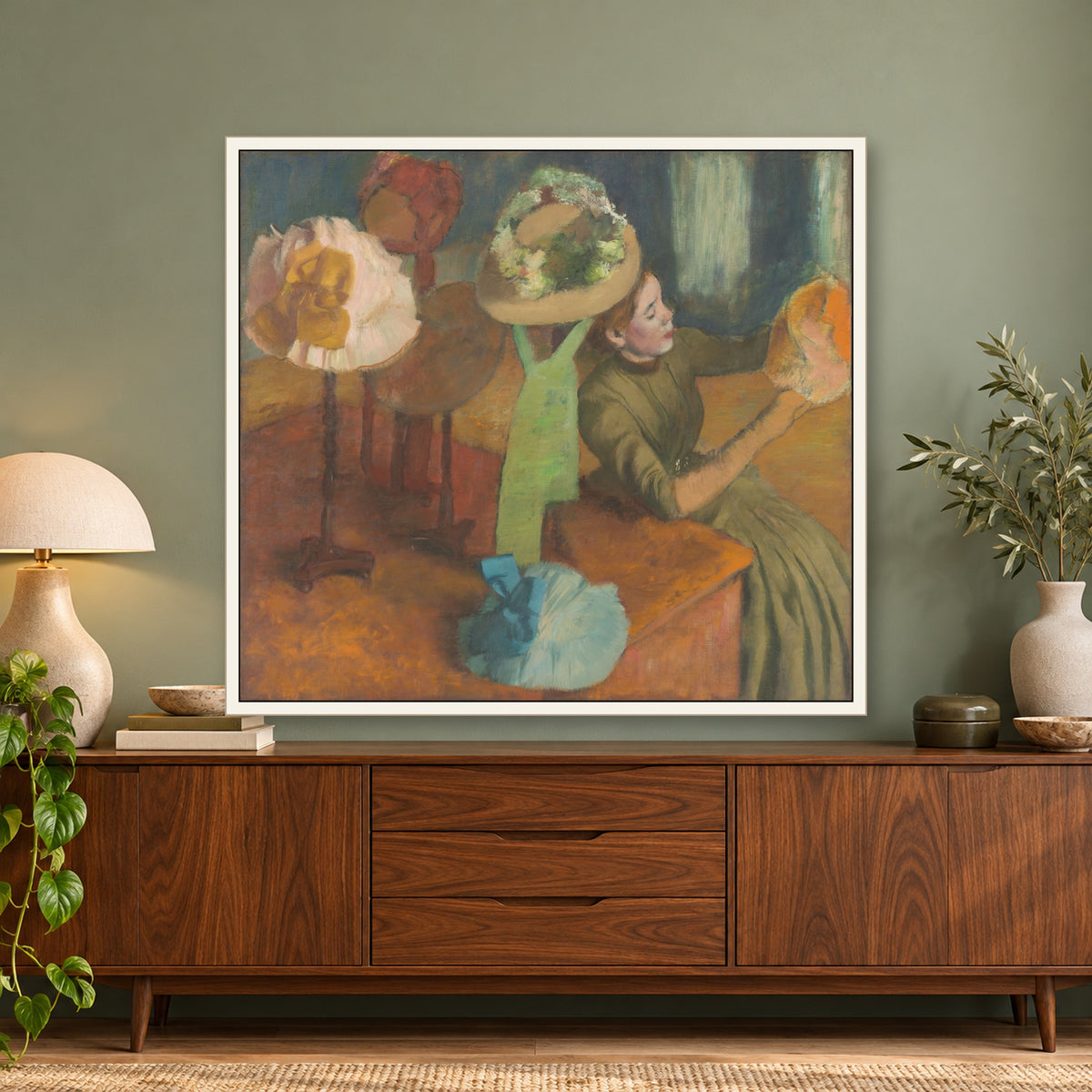 The Millinery Shop by Edgar Degas — framed room mockup