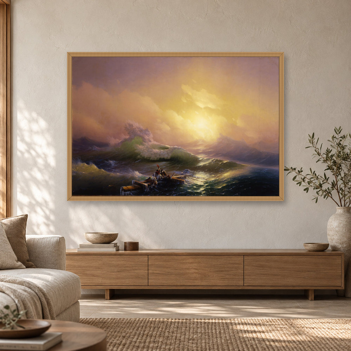 The Ninth Wave by Ivan Aivazovsky — oak frame, Scandi Japandi living room mockup